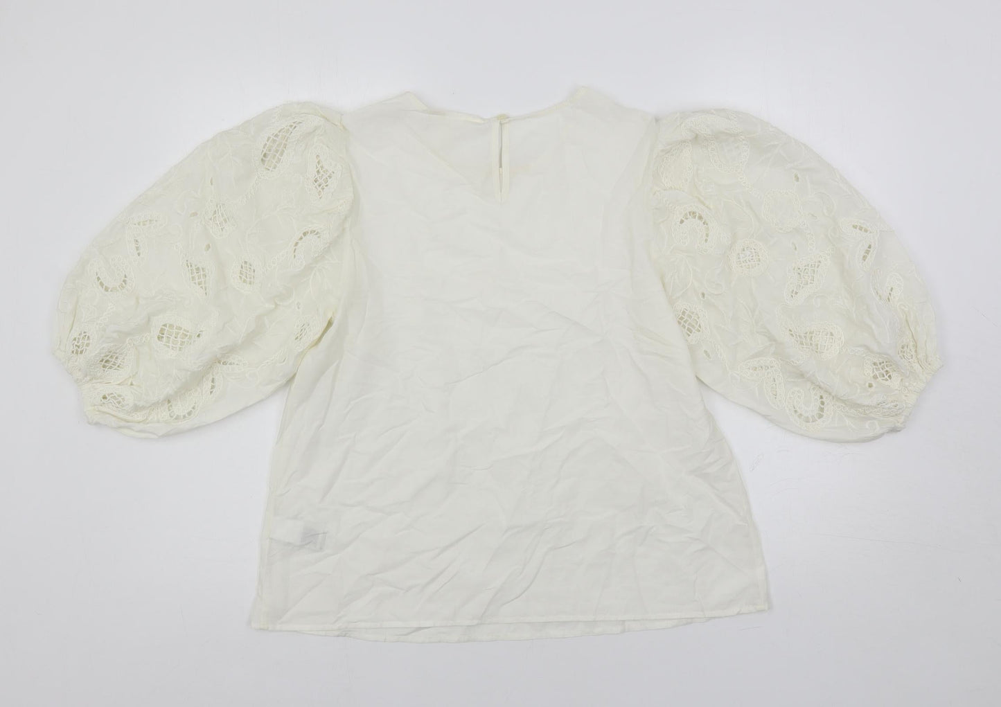 Per Una Womens Ivory Cotton Basic Blouse Size 8 Round Neck - Embroidered