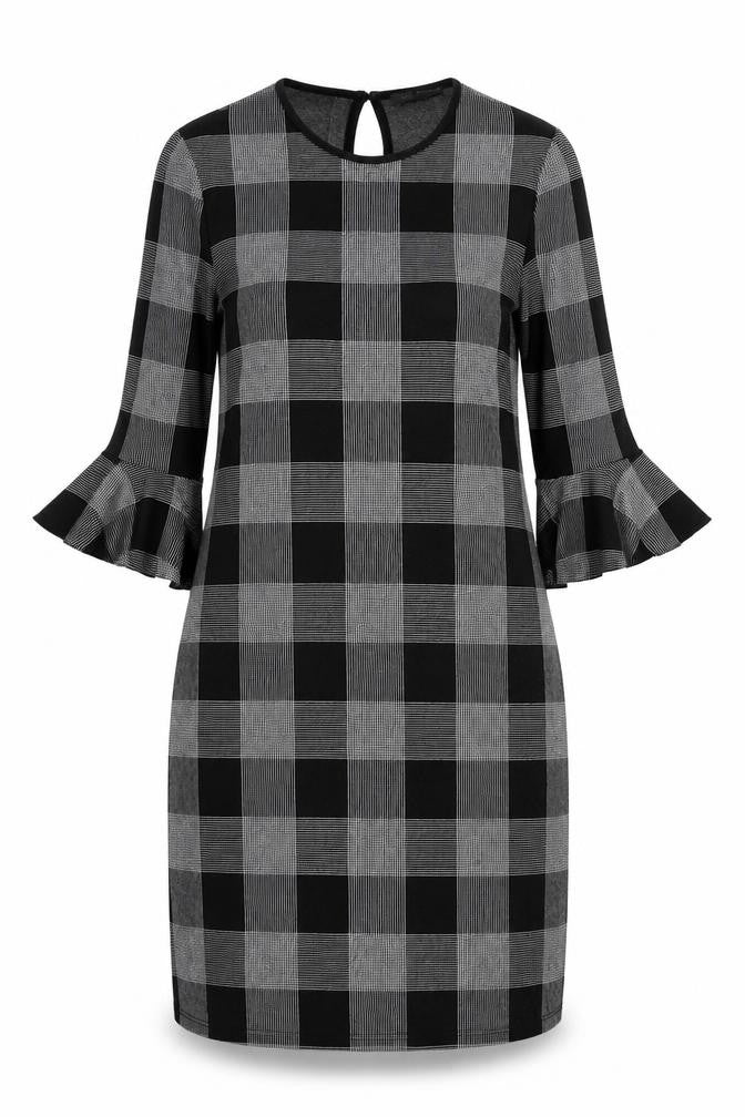 Marks and Spencer Womens Black Check Cotton Shift Size 10 Round Neck Button - Ruffle Sleeves