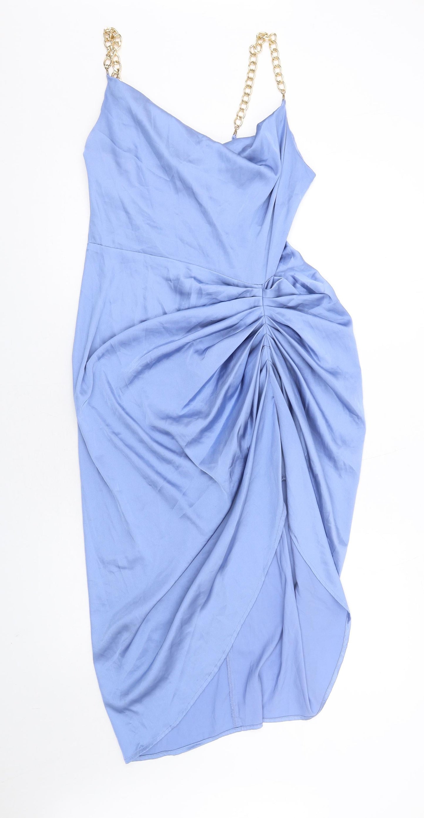 Quiz Womens Blue Polyester Bodycon Size 12 Cowl Neck Zip - Ruched Chain Straps