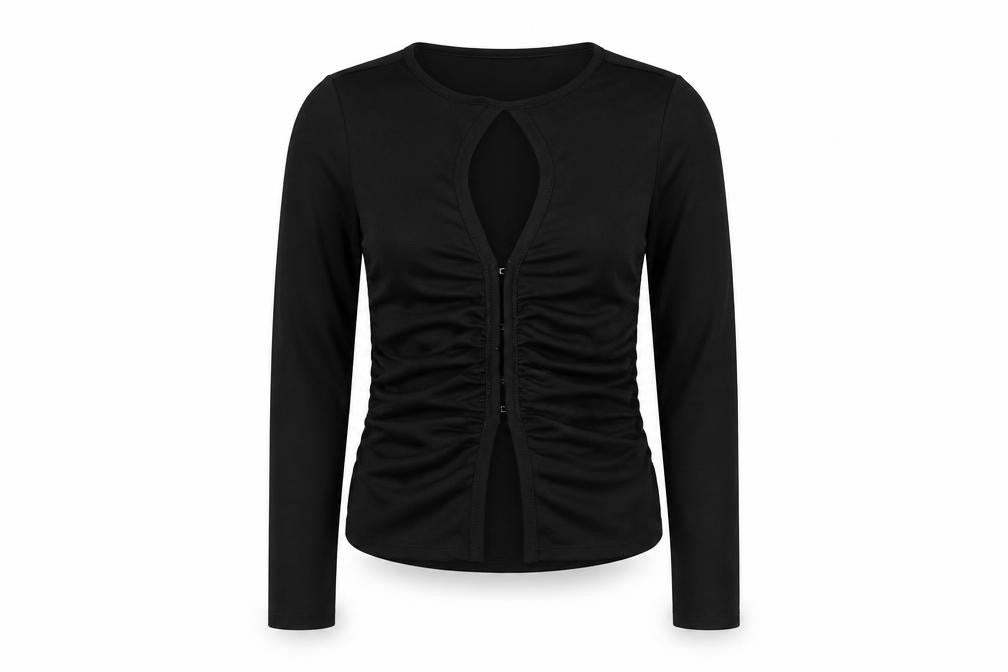 Front view of As You women’s black polyester basic blouse, size UK 10, round neck - keyhole neck