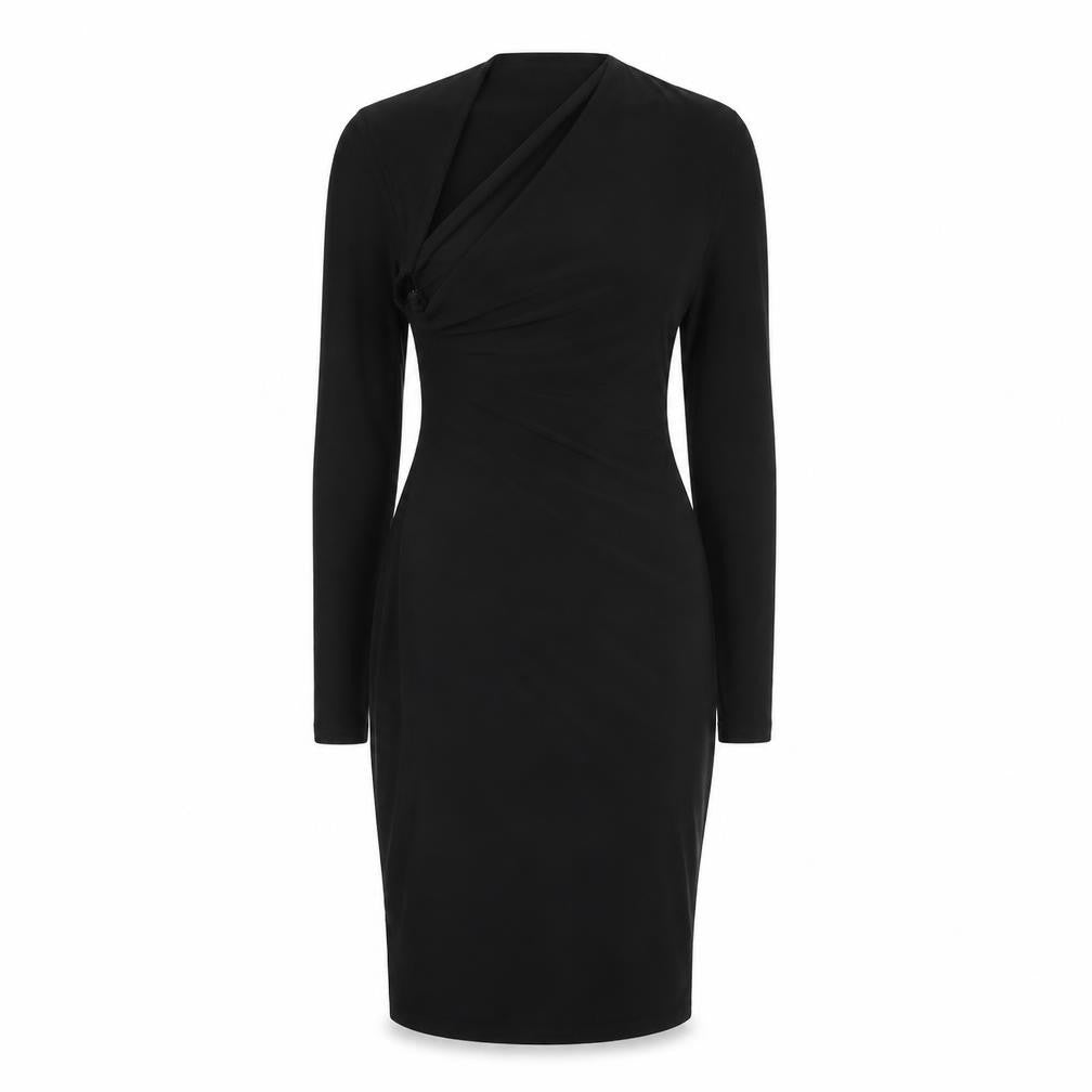 Front view of Club L women’s black polyester bodycon, size UK 8, one shoulder pullover - asymmetric neckline