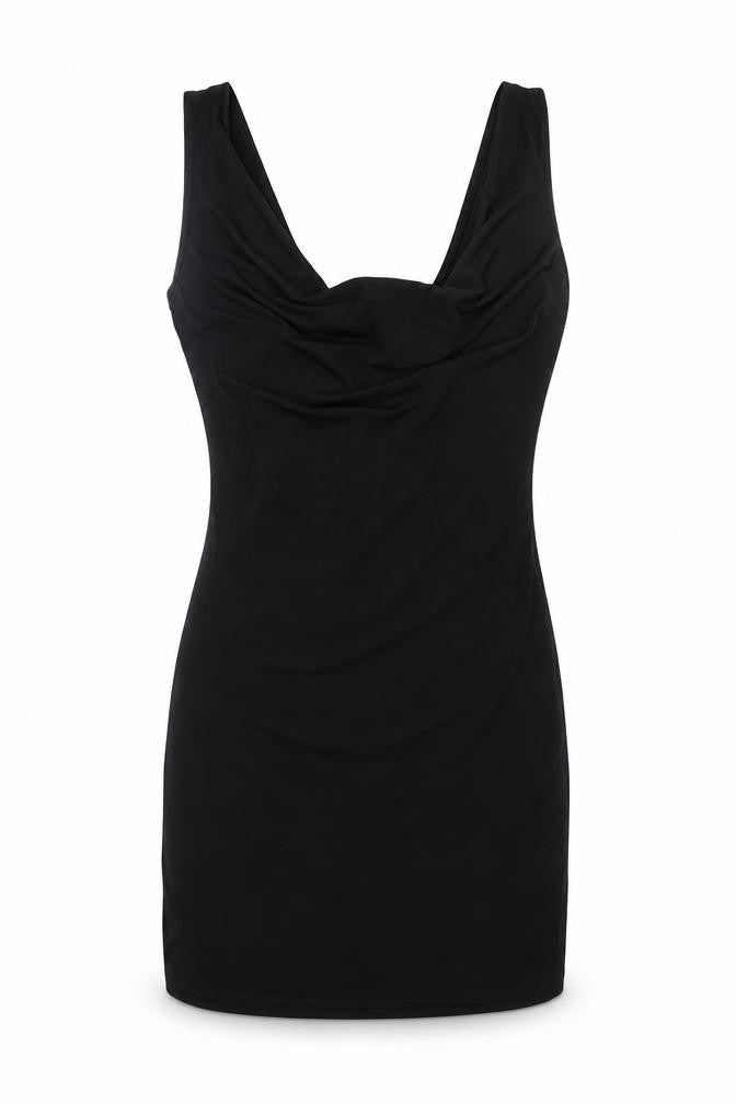 Front view of Miss Selfridge women’s black polyester mini, size UK 10, cowl neck pullover