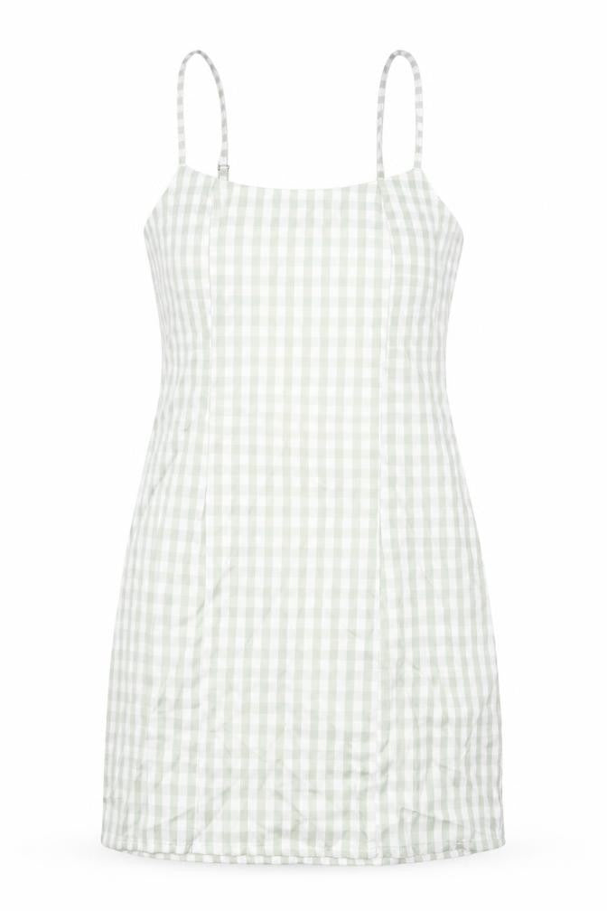 Front view of Missguided women’s green check cotton mini, size UK 8, square neck zip