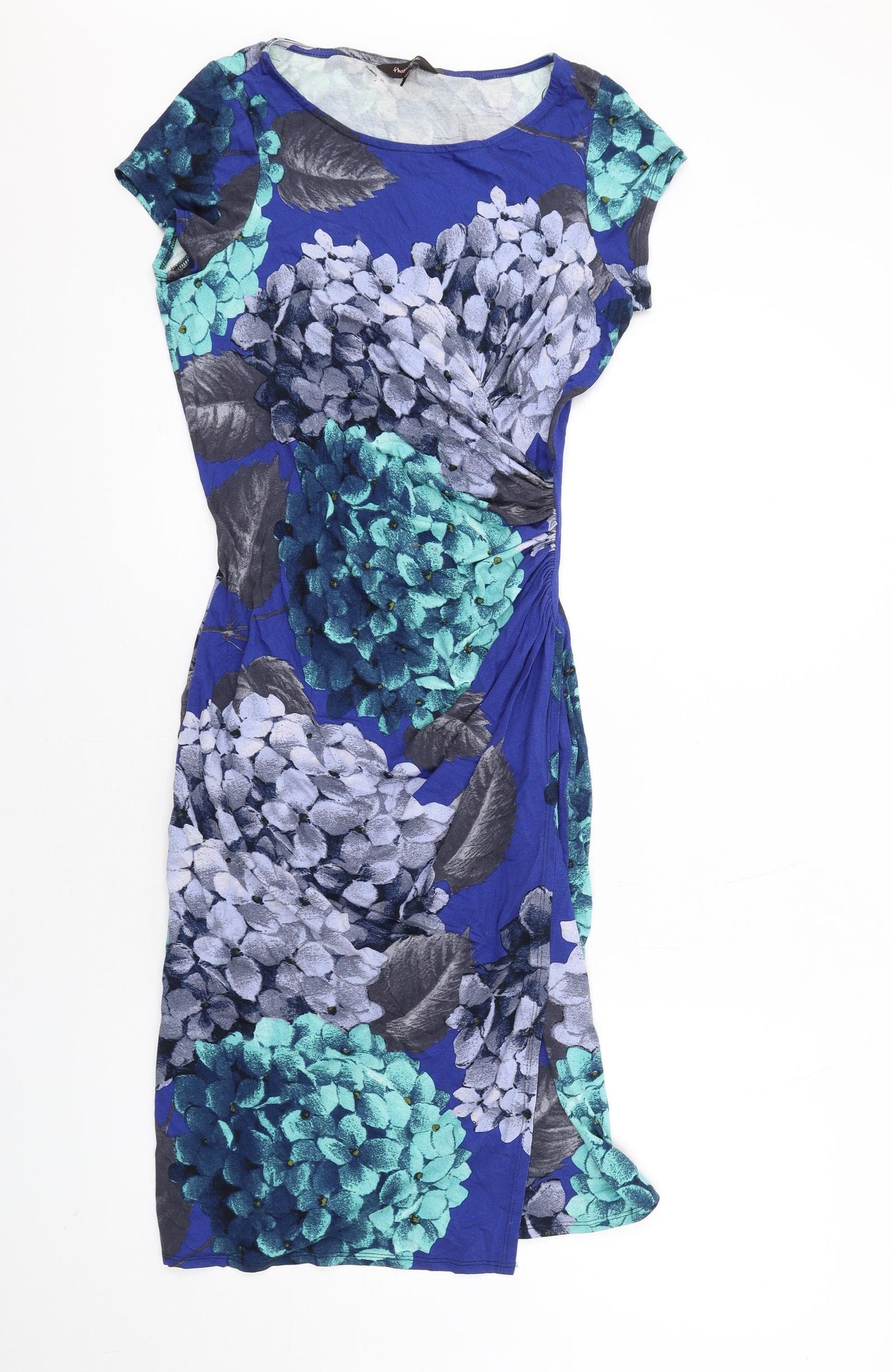 Phase Eight Womens Blue Floral Viscose Bodycon Size 12 Round Neck Pullover - Ruched