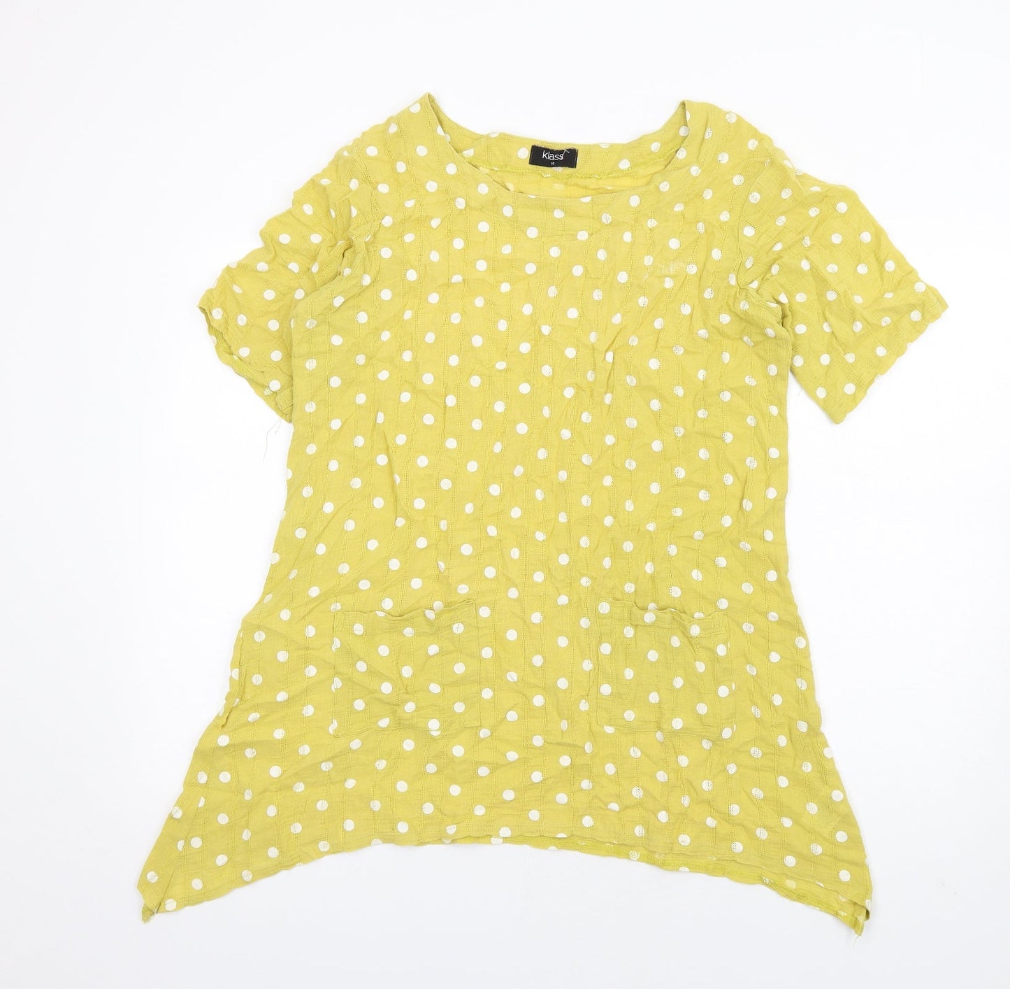 Klass Womens Yellow Polka Dot Cotton Basic T-Shirt Size 10 Round Neck