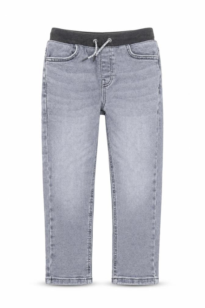 Front view of Next boys’ grey cotton straight jeans, size 9, months, 22-inch leg extra-slim drawstring - elasticated waist