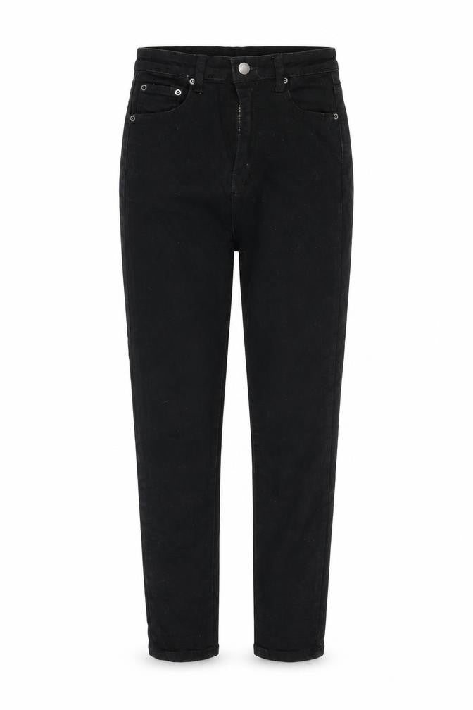 Front view of In the Style women’s black cotton straight jeans, size UK 8, 26-inch leg regular zip