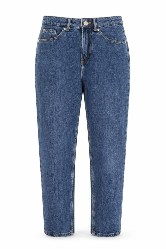Front view of Denim & Co. women’s blue cotton mom jeans, size UK 8, 30-inch leg regular zip
