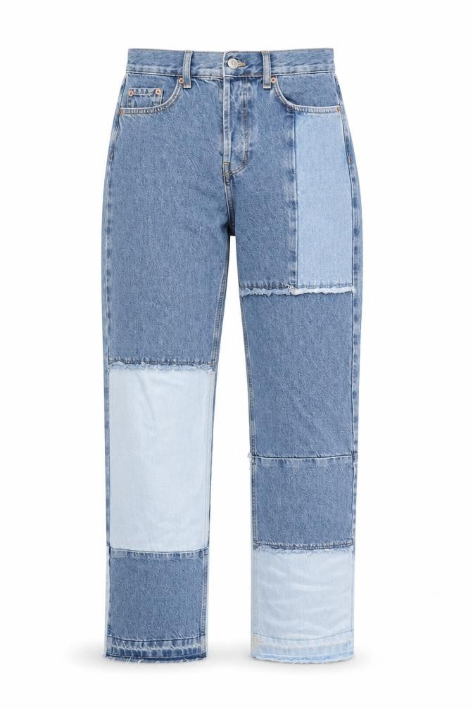 Front view of BDG women’s blue cotton straight jeans, size UK 28, in, 32-inch leg regular button