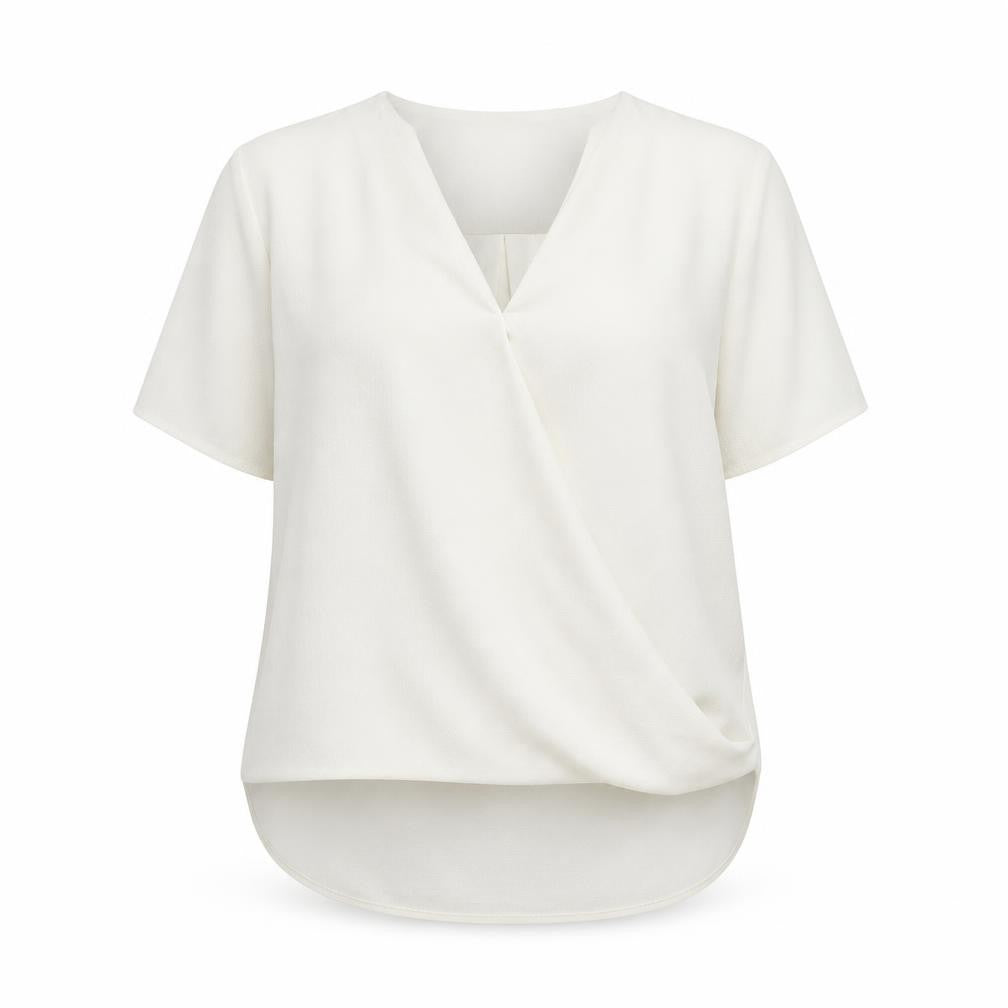 Front view of ASOS women’s ivory polyester basic blouse, size UK 14, v-neck