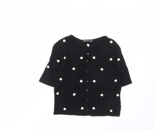 Stradivarius Womens Black Floral Viscose Cropped T-Shirt Size S V-Neck - Buttons, Embroided