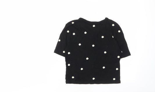 Stradivarius Womens Black Floral Viscose Cropped T-Shirt Size S V-Neck - Buttons, Embroided