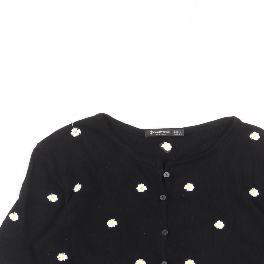 Stradivarius Womens Black Floral Viscose Cropped T-Shirt Size S V-Neck - Buttons, Embroided