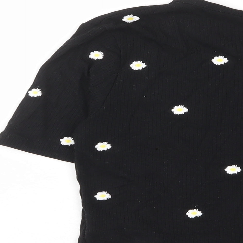 Stradivarius Womens Black Floral Viscose Cropped T-Shirt Size S V-Neck - Buttons, Embroided