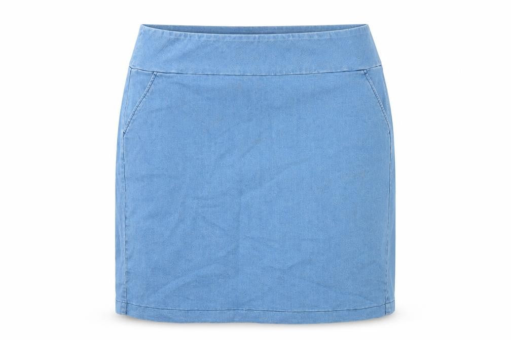 Front view of Kaleidoscope women’s blue cotton a-line skirt, size UK 20