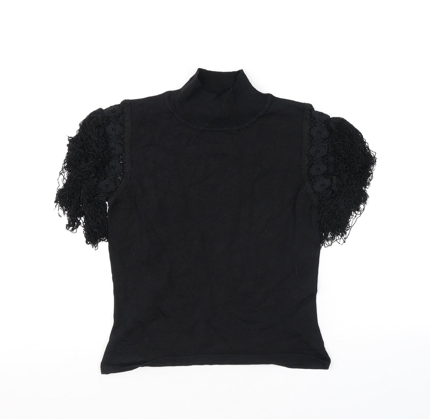 Kiss Womens Black Polyester Basic T-Shirt Size M Mock Neck - Tassles