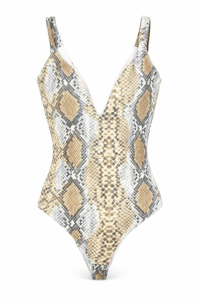 PRETTYLITTLETHING Womens Brown Animal Print Polyester Bodysuit One-Piece Size 8 L10 in Snap - Snake Skin Print