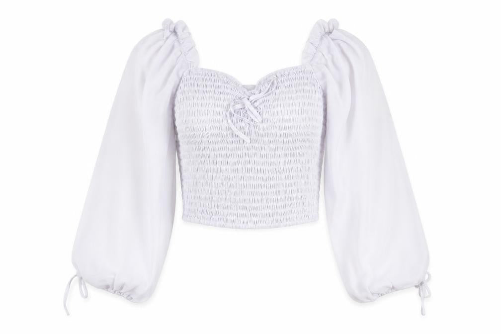Front view of Missguided women’s white polyester cropped blouse, size UK 12, square neck - shirred