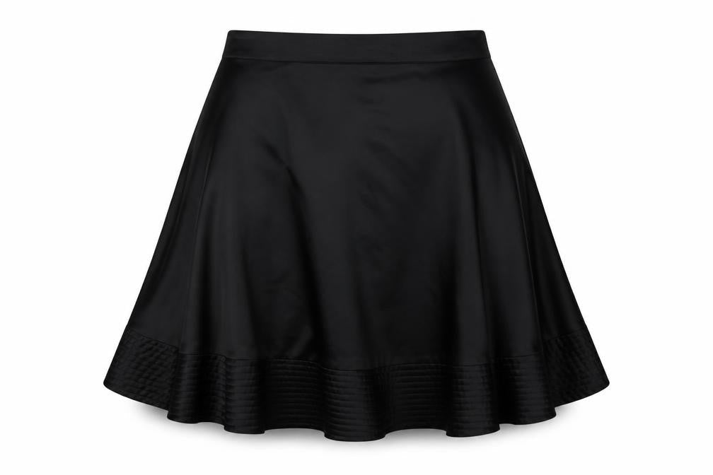 Front view of H7M women’s black polyester flare skirt, size UK 8, button