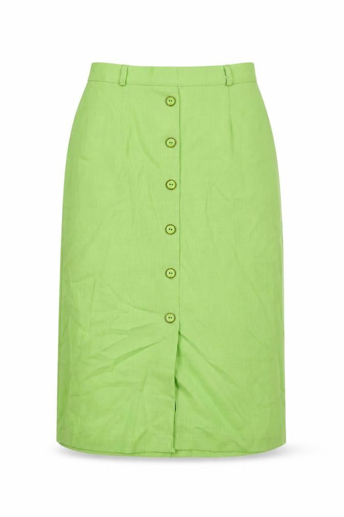Front view of C&A women’s green polyester a-line skirt, size UK 16, buckle