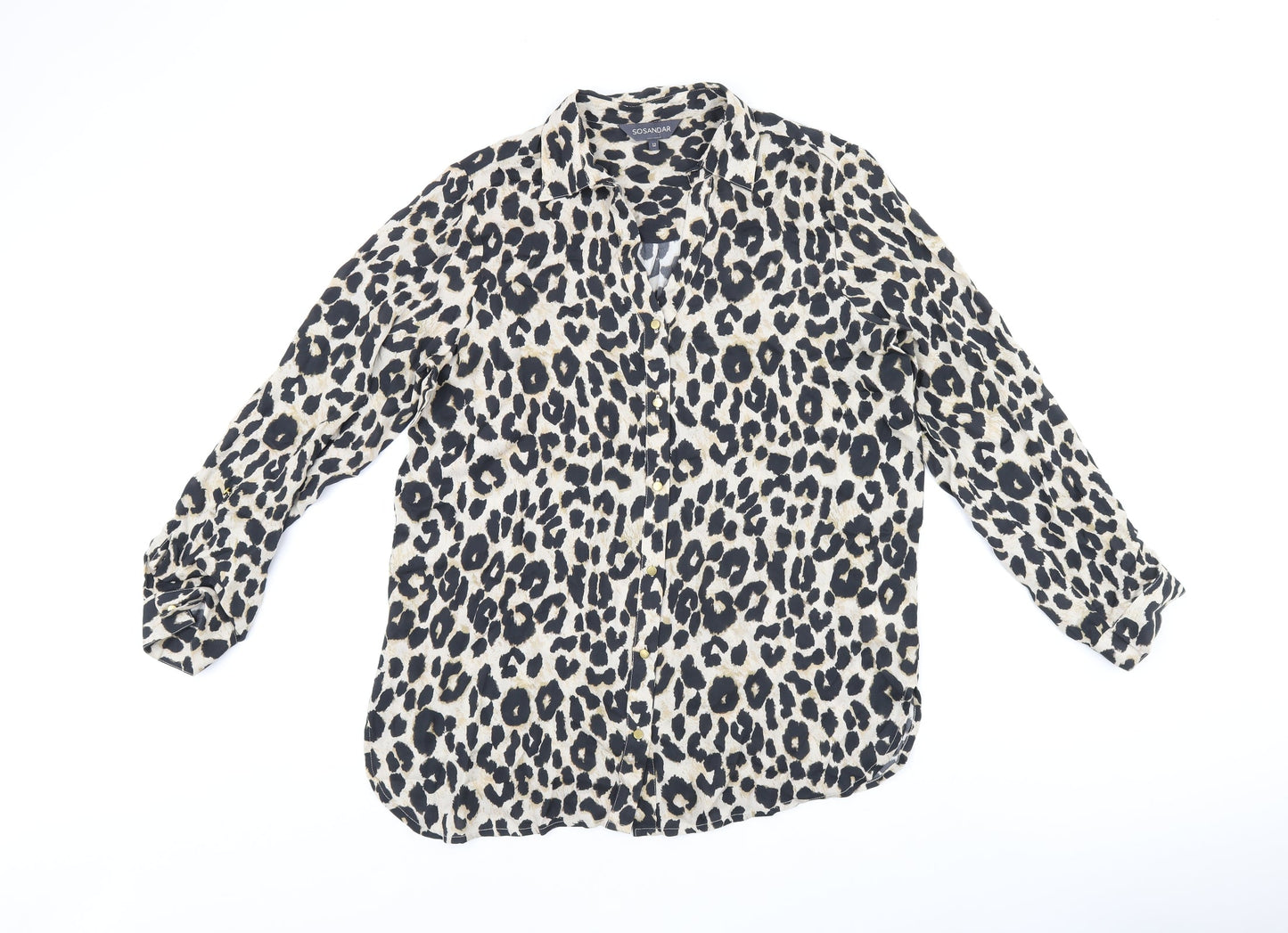 Sosandar Womens Beige Animal Print Viscose Basic Button-Up Size 12 Collared - Leopard print