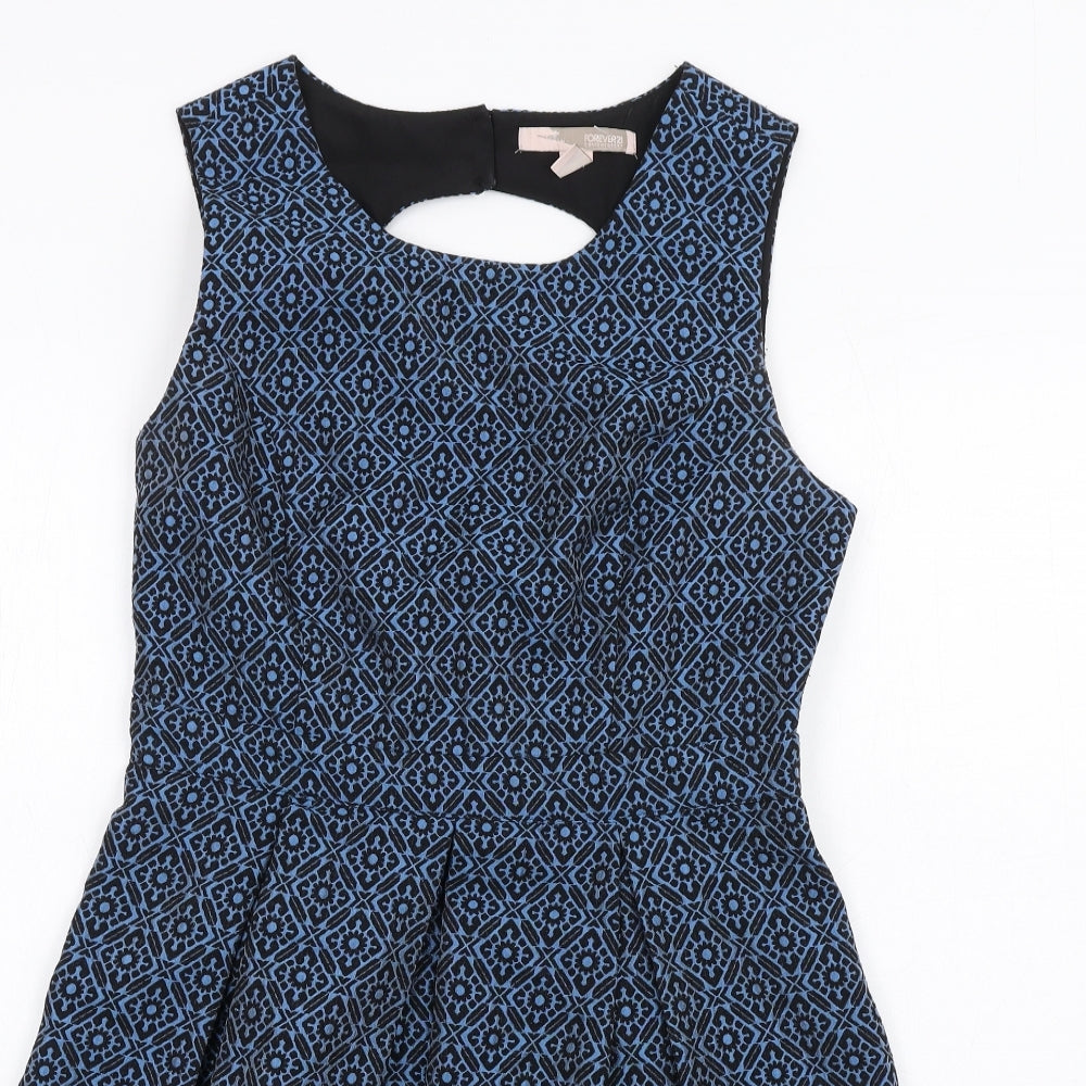 FOREVER 21 Womens Blue Geometric Cotton Fit & Flare Size M Scoop Neck Zip