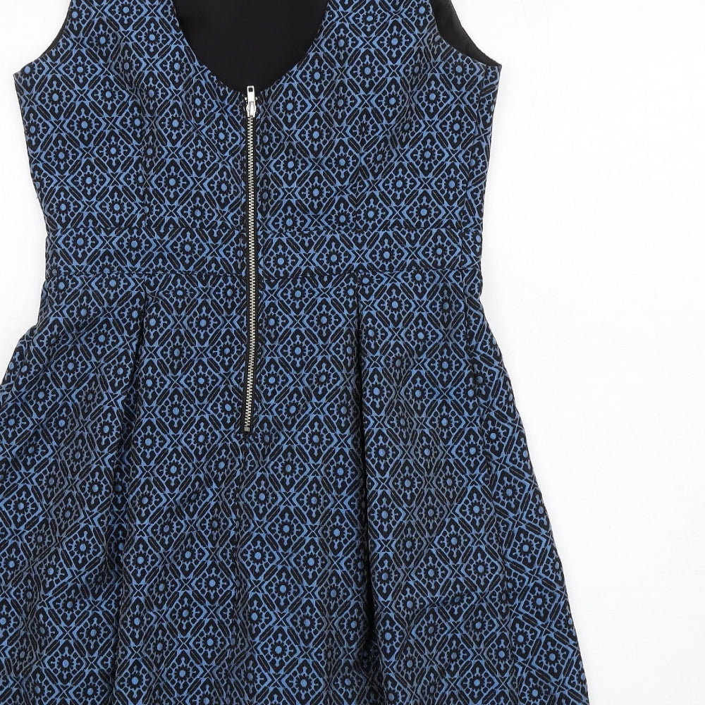 FOREVER 21 Womens Blue Geometric Cotton Fit & Flare Size M Scoop Neck Zip