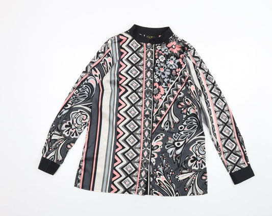 Bob Mackie Womens Multicoloured Geometric Polyester Basic Button-Up Size XS Round Neck