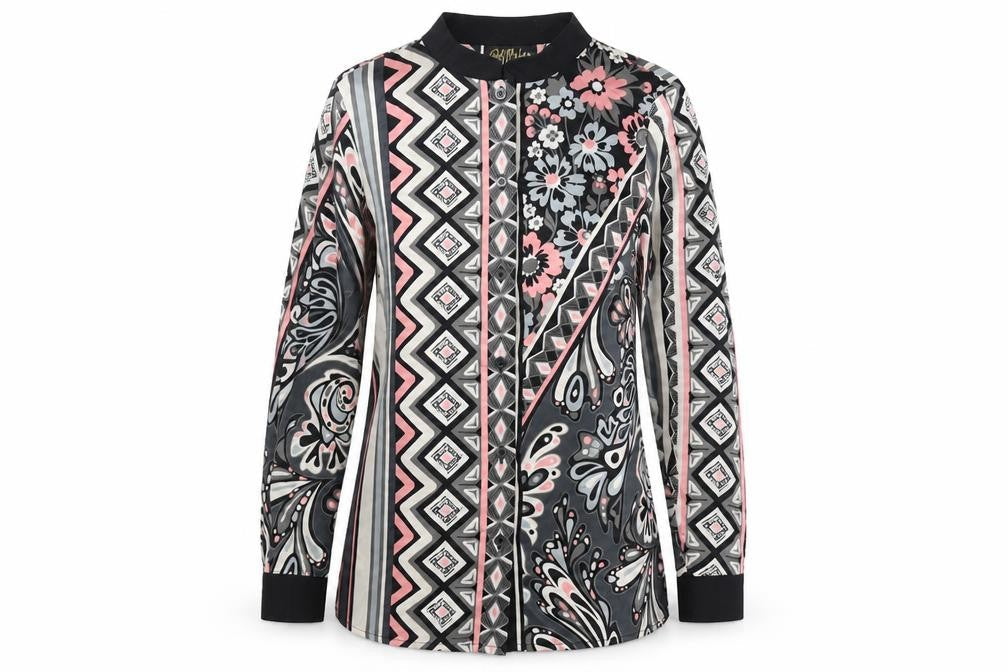 Bob Mackie Womens Multicoloured Geometric Polyester Basic Button-Up Size XS Round Neck