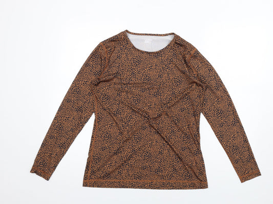 Lands' End Womens Brown Animal Print Polyester Basic T-Shirt Size M Round Neck