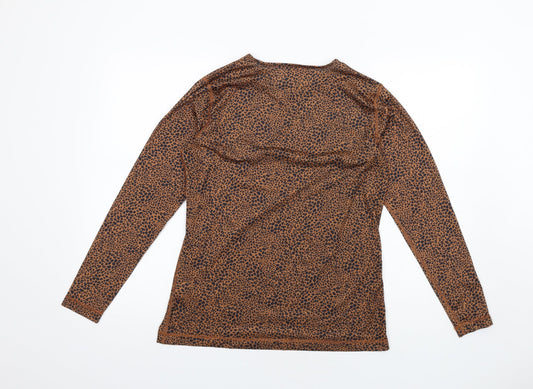 Lands' End Womens Brown Animal Print Polyester Basic T-Shirt Size M Round Neck