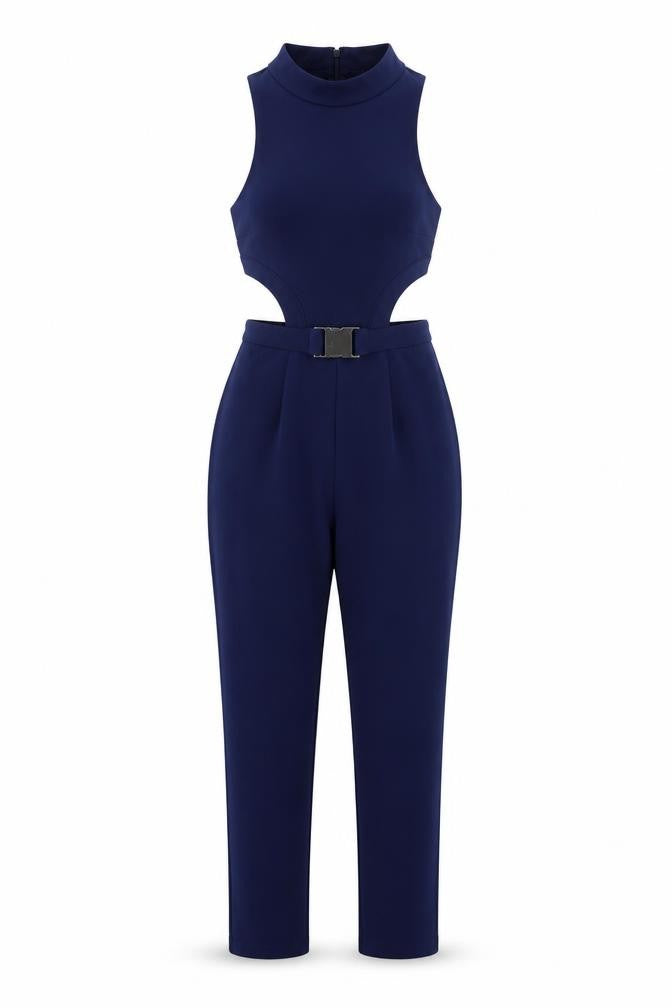 Front view of ASOS women’s blue polyester playsuit one-piece, size UK 8, 25-inch leg zip