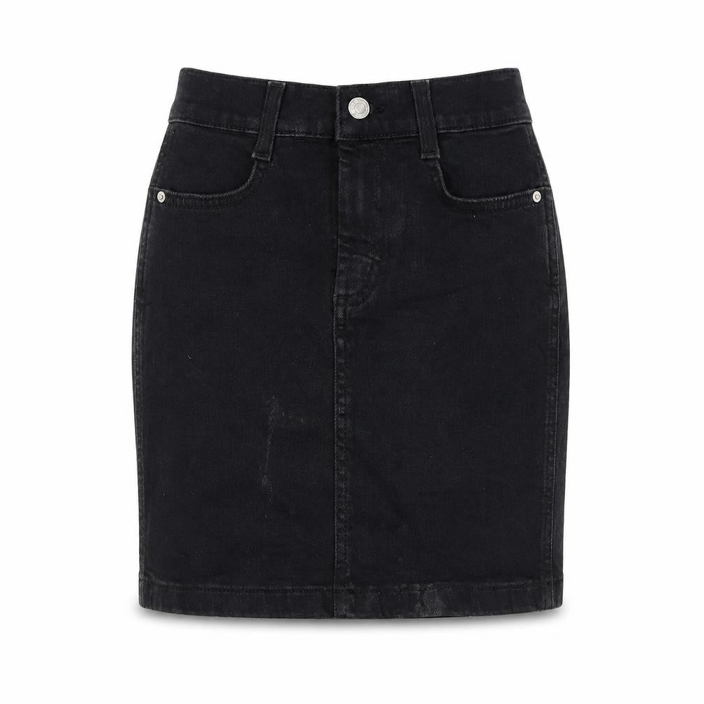Front view of Denim & Co. women’s black cotton a-line skirt, size UK 4, zip