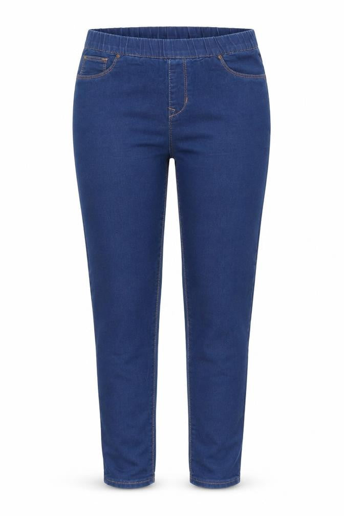 Front view of Denim & Co. women’s blue cotton jegging jeans, size UK 10, 30-inch leg regular