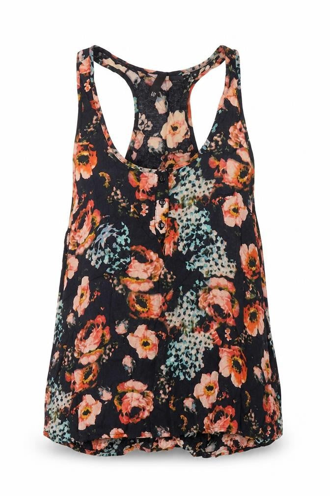 H&M Womens Black Floral Viscose Basic Tank Size 10 Scoop Neck
