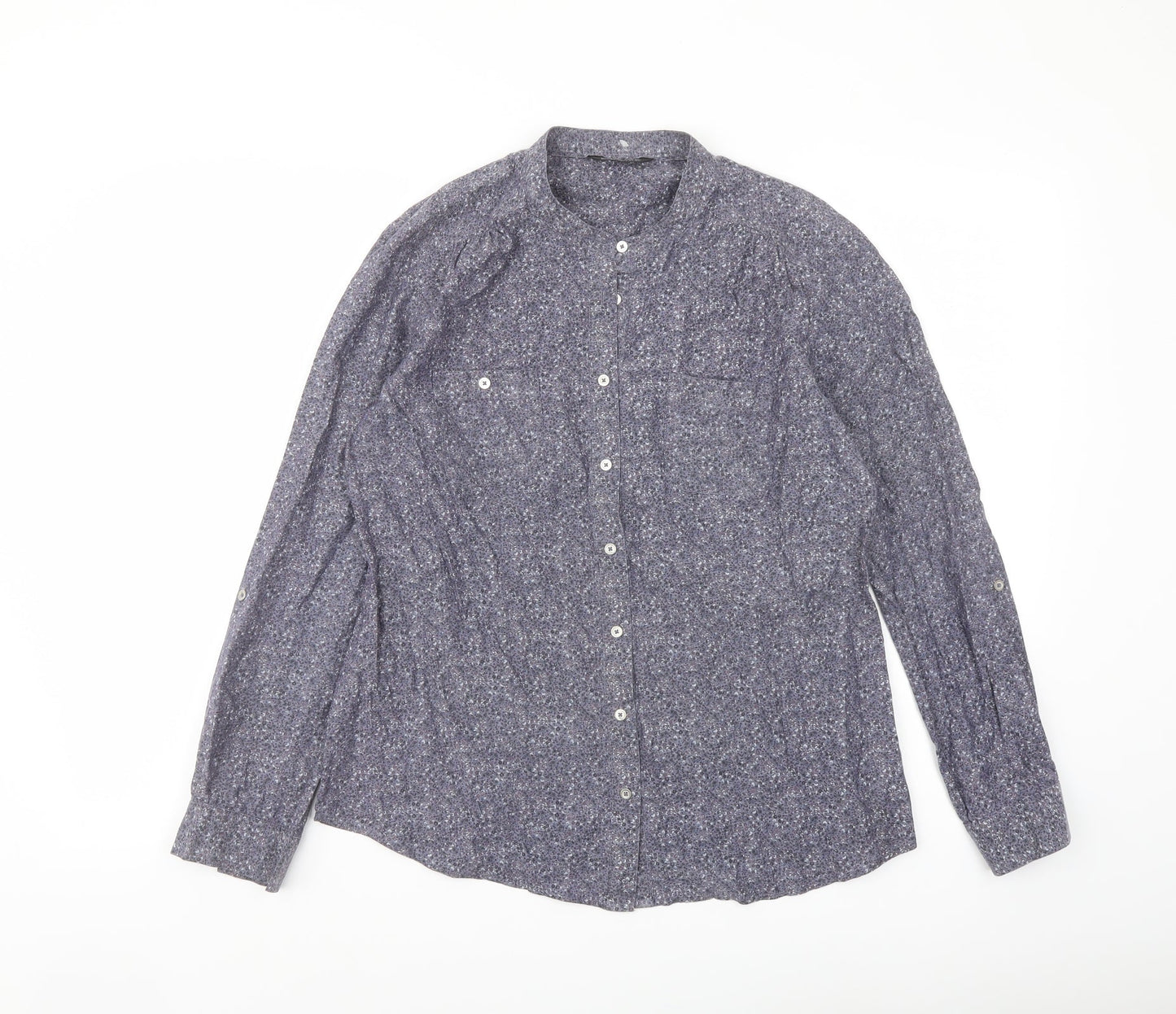 Marks and Spencer Womens Grey Geometric Cotton Basic Button-Up Size 12 Round Neck