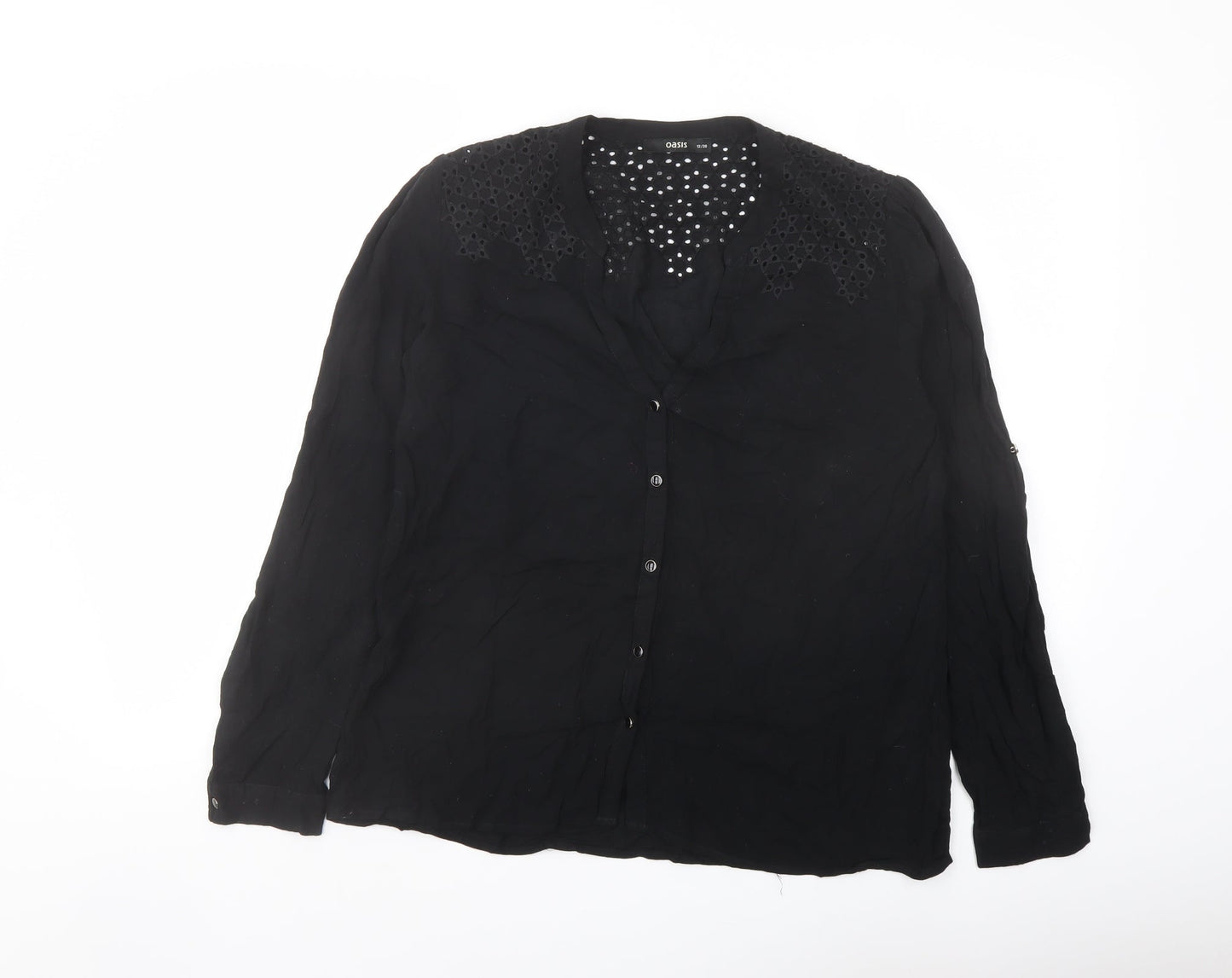 Oasis Womens Black Viscose Basic Button-Up Size 12 Round Neck