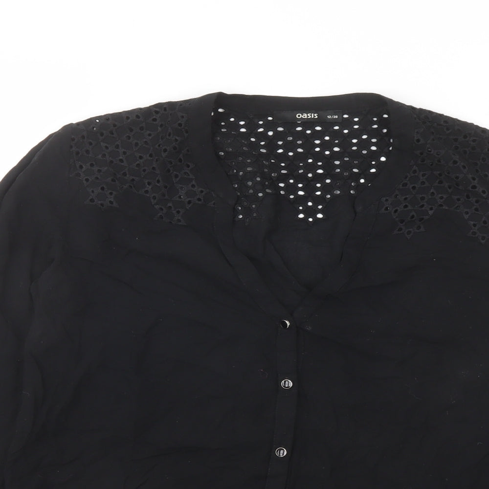 Oasis Womens Black Viscose Basic Button-Up Size 12 Round Neck
