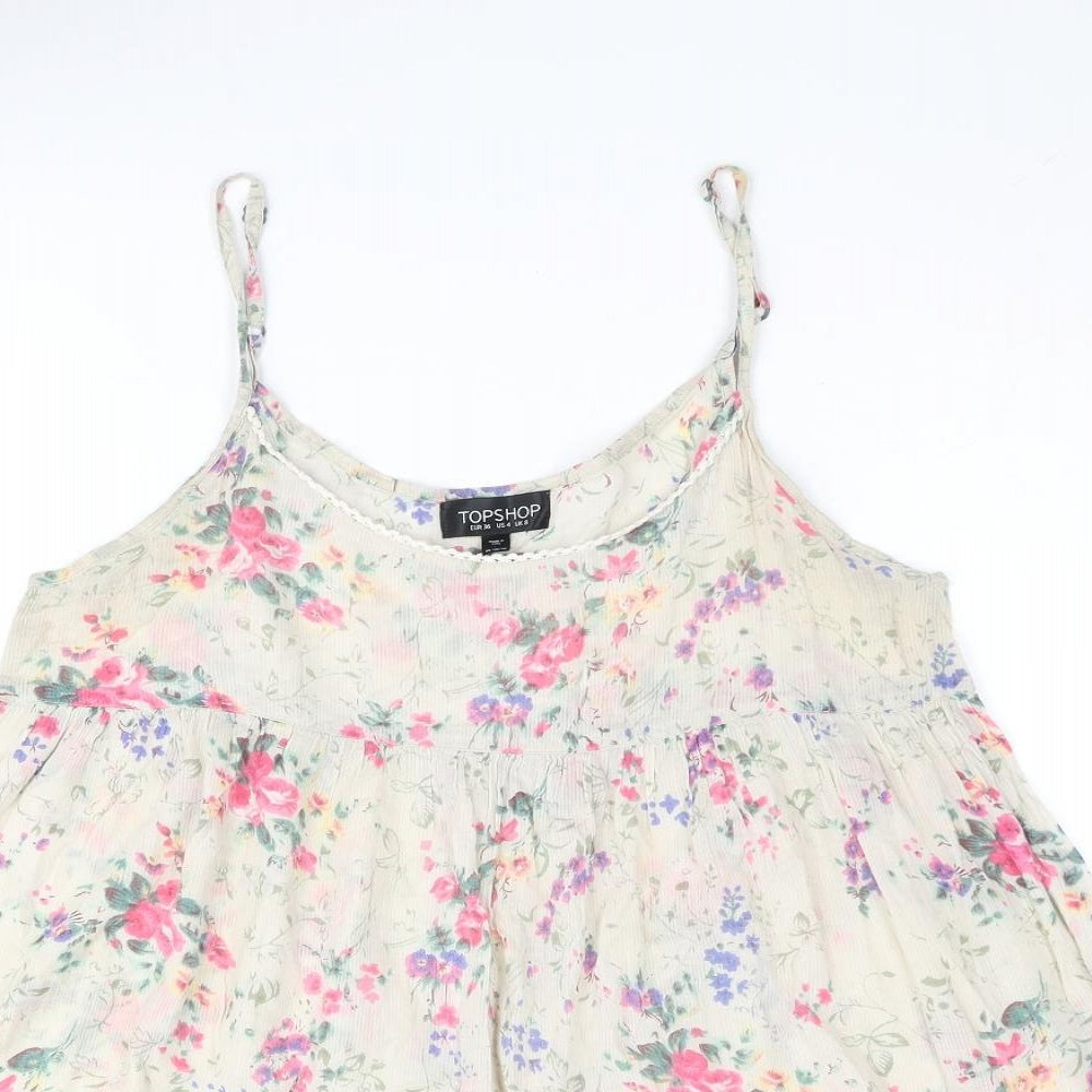 Topshop Womens Beige Floral Cotton Camisole Blouse Size 8 Scoop Neck - Smocked