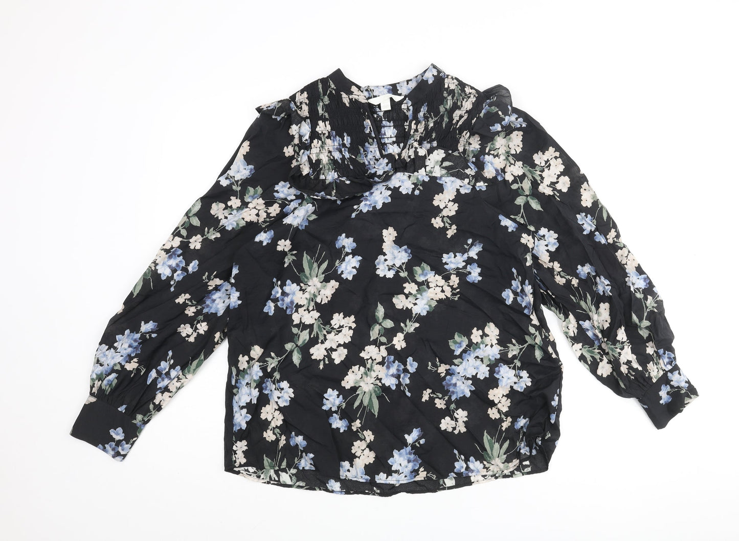 H&M Womens Black Floral Viscose Basic Blouse Size XS V-Neck - Rouched Frill