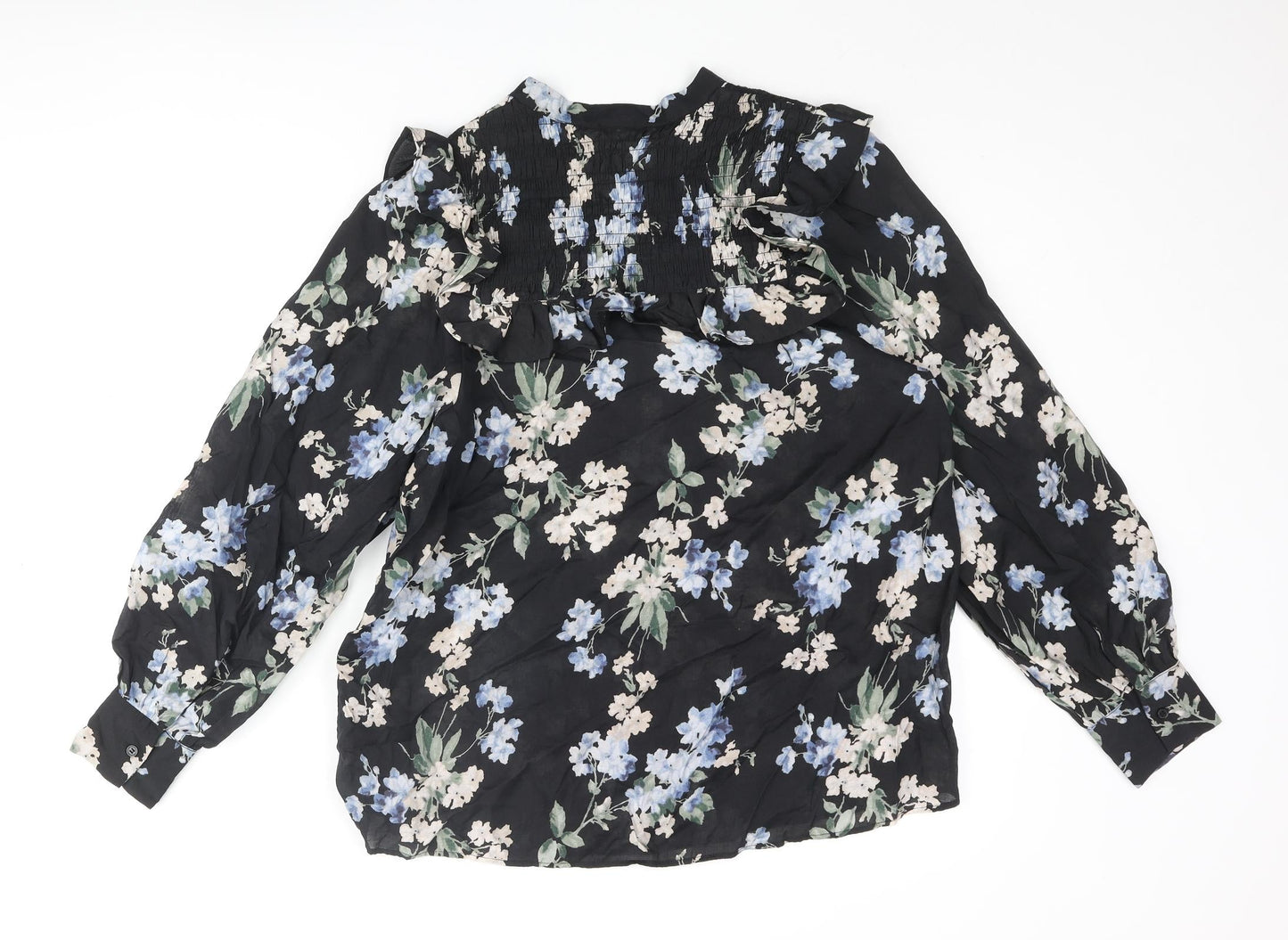 H&M Womens Black Floral Viscose Basic Blouse Size XS V-Neck - Rouched Frill