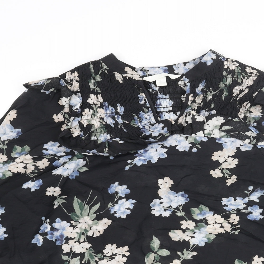 H&M Womens Black Floral Viscose Basic Blouse Size XS V-Neck - Rouched Frill