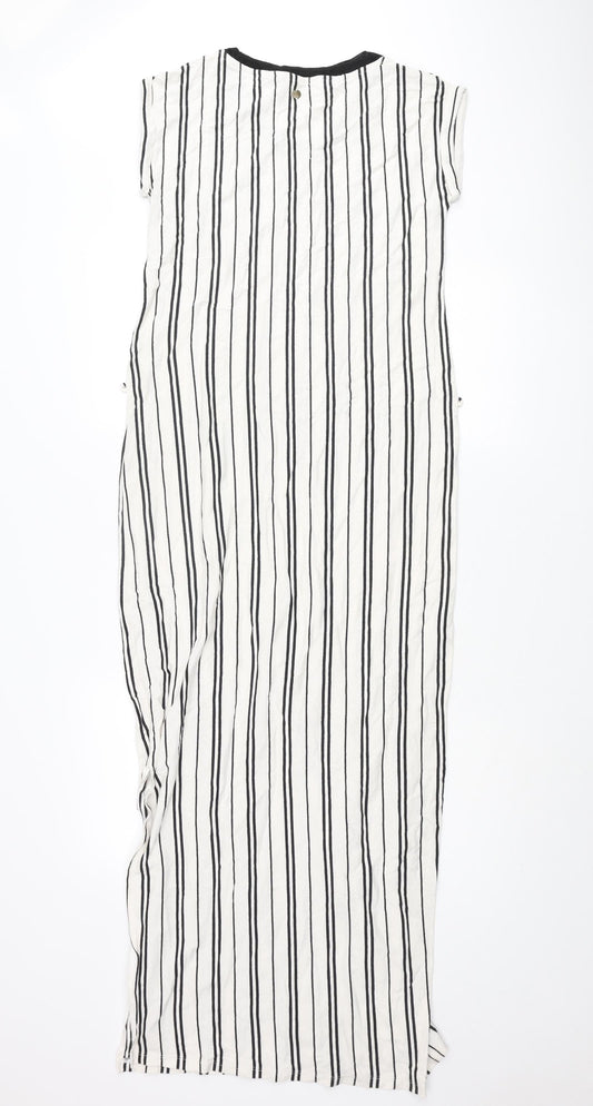 Garcia Womens Ivory Striped Cotton Maxi Size M Round Neck Pullover - Pocket Side Slits