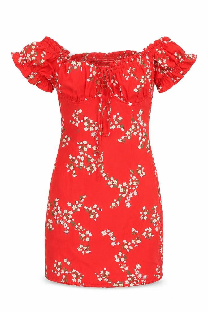 Kiss the Sky Womens Red Floral Polyester Mini Size M Sweetheart Tie - Rouched Frill