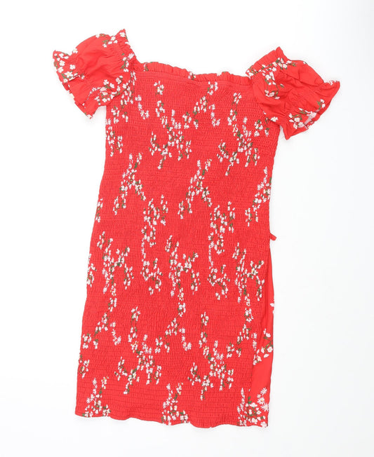 Kiss the Sky Womens Red Floral Polyester Mini Size M Sweetheart Tie - Rouched Frill