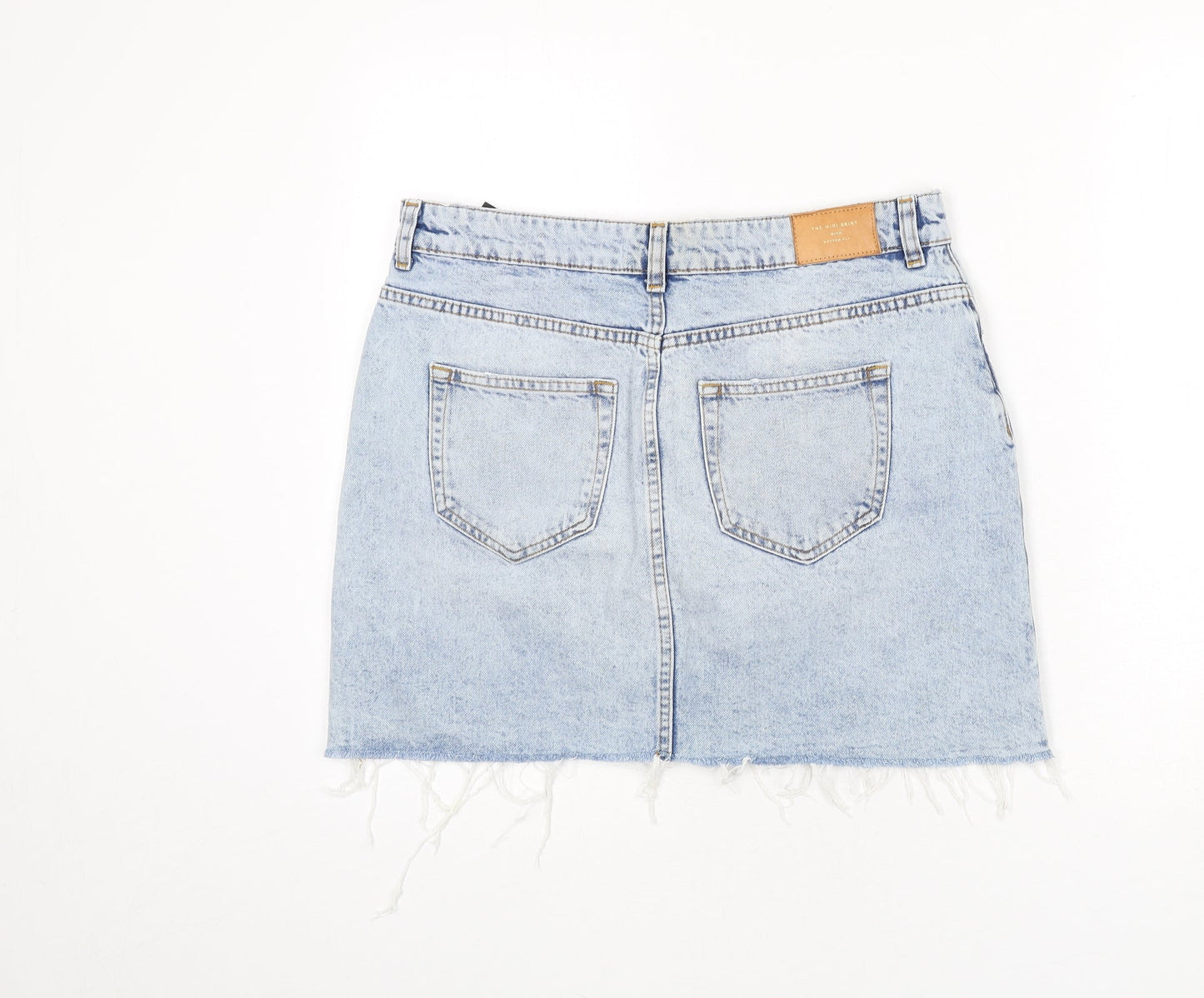 Zara Womens Blue Cotton A-Line Skirt Size L Buckle - Distressed Hems