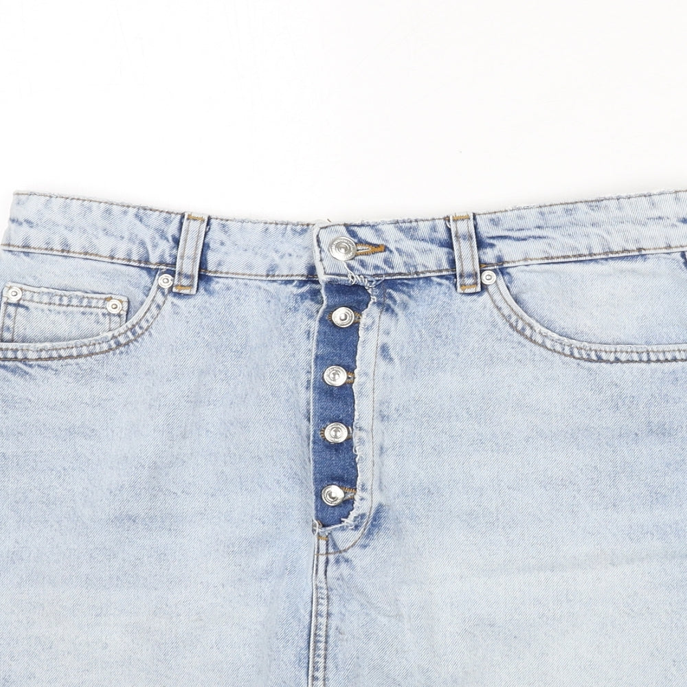 Zara Womens Blue Cotton A-Line Skirt Size L Buckle - Distressed Hems