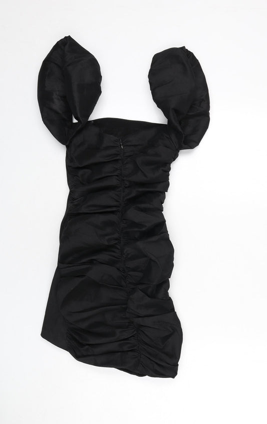 Oh Polly Womens Black Polyester Bodycon Size 6 Square Neck Zip - Mini, Ruched, Puffy