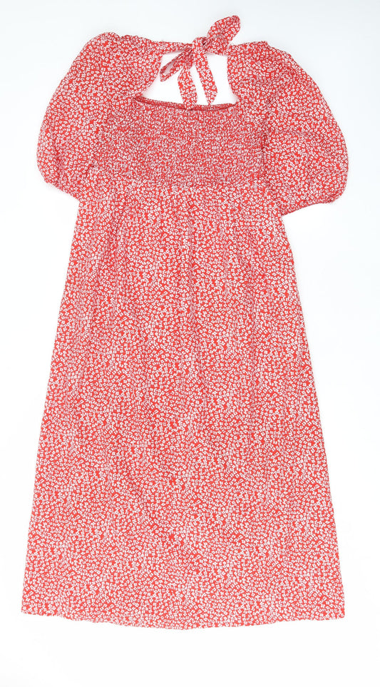Lola May Womens Red Floral Polyester A-Line Size M Square Neck Tie - Pleated
