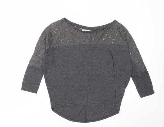 Pull&Bear Womens Grey Polyester Basic T-Shirt Size S Boat Neck - Lace